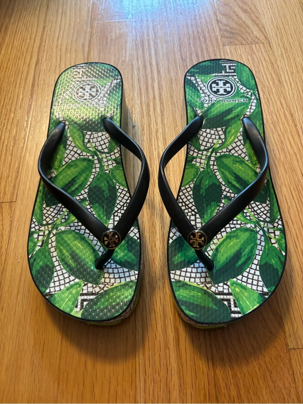 Tory Burch Women’s Wedge Flip Flops in Green Leaf Print